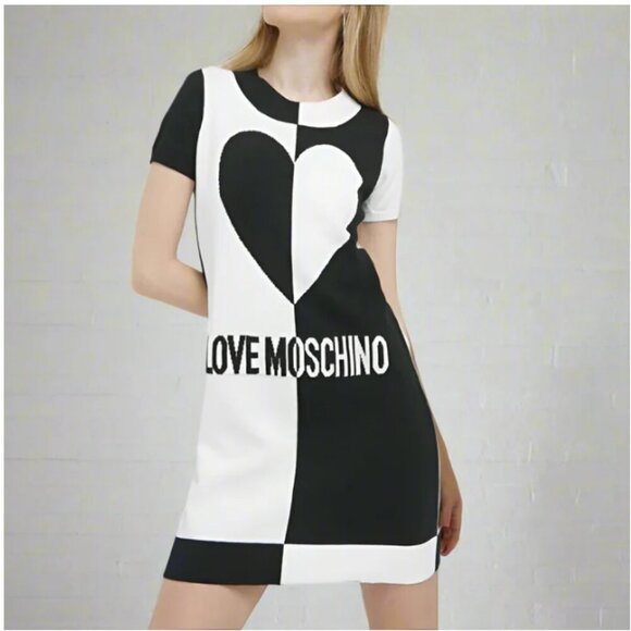 Love Moschino Dresses & Skirts - Love Moschino Mini Sweater Dress 8 Black Cotton Logo Black White Heart IT40
